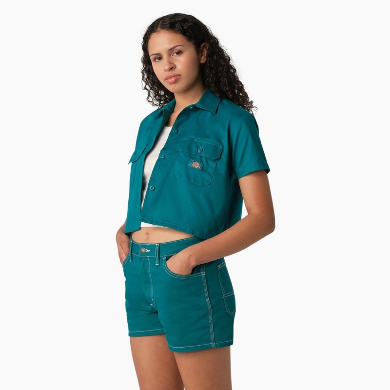 Green Women's Dickies Cropped Work Shirts | PCT314897