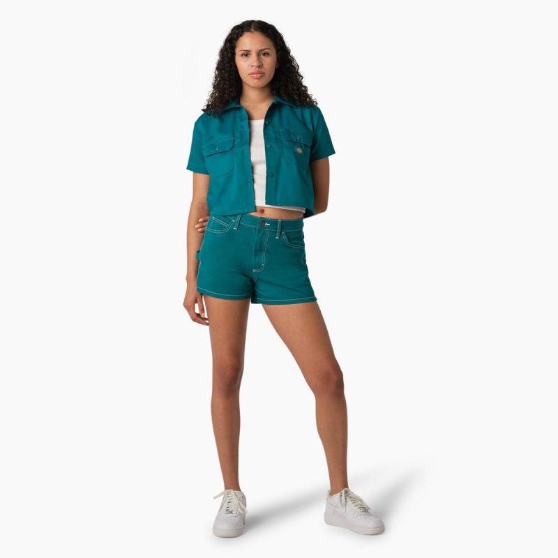 Green Women's Dickies Cropped Work Shirts | PCT314897