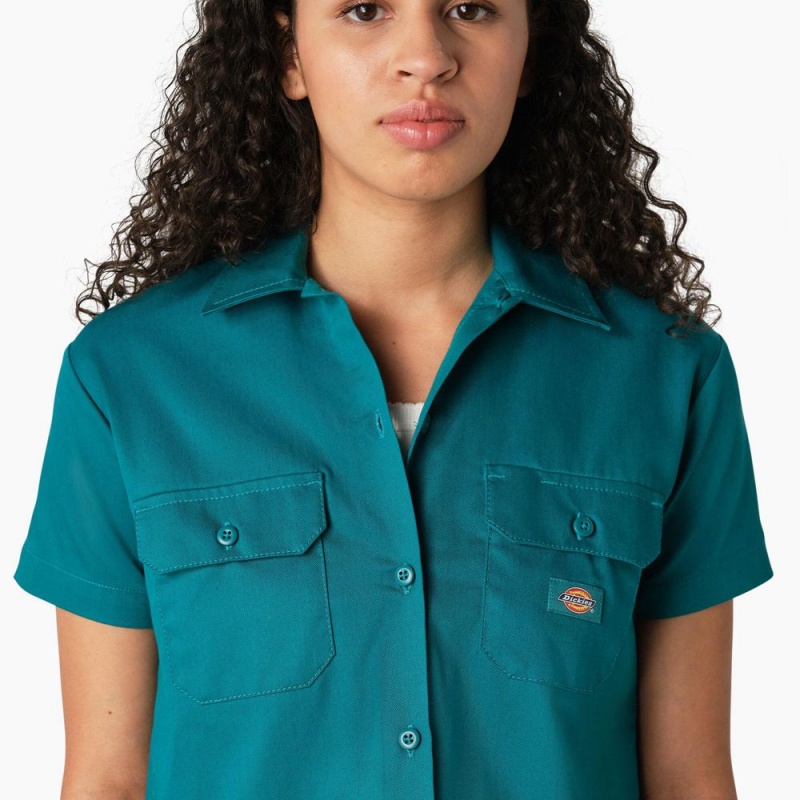 Green Women's Dickies Cropped Work Shirts | PCT314897