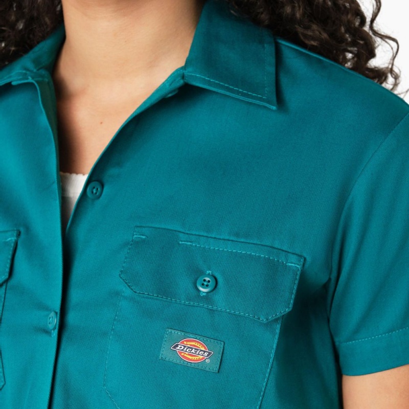 Green Women's Dickies Cropped Work Shirts | PCT314897