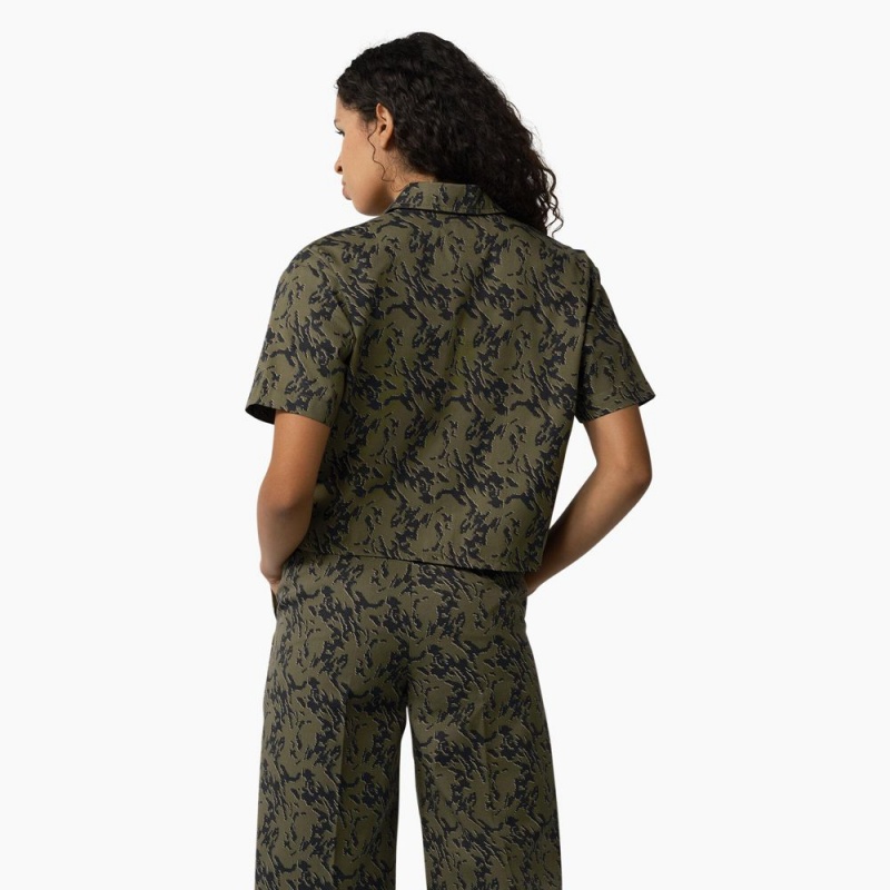 Green Women's Dickies Drewsey Camo Cropped Work Shirts | ROL703489