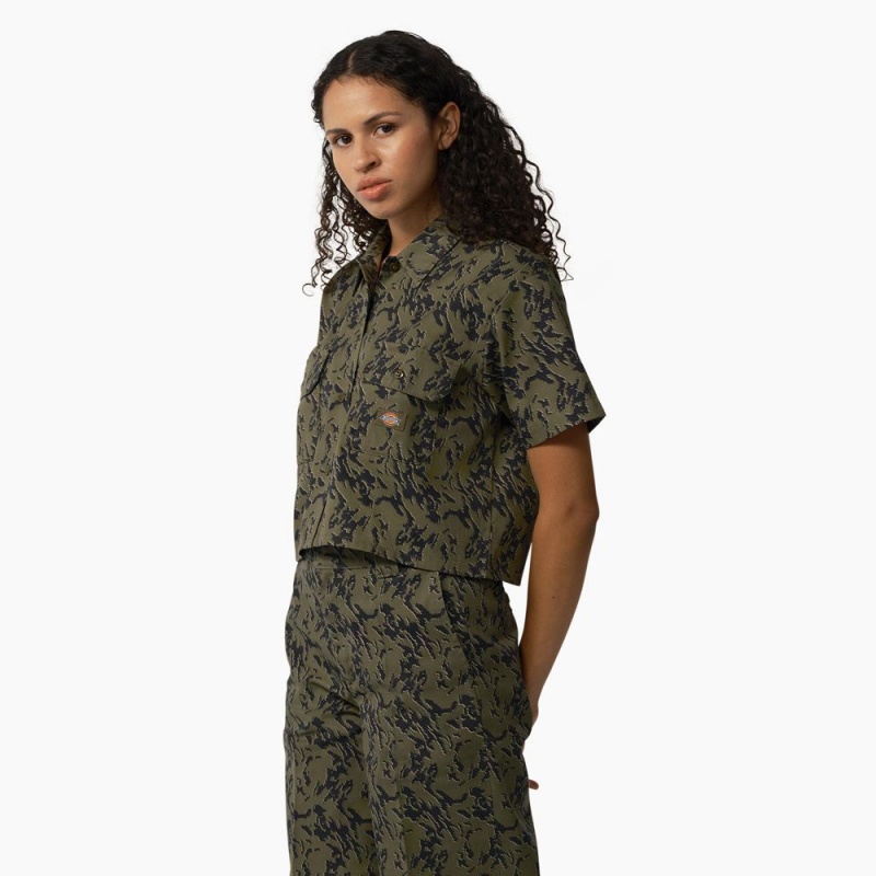 Green Women's Dickies Drewsey Camo Cropped Work Shirts | ROL703489