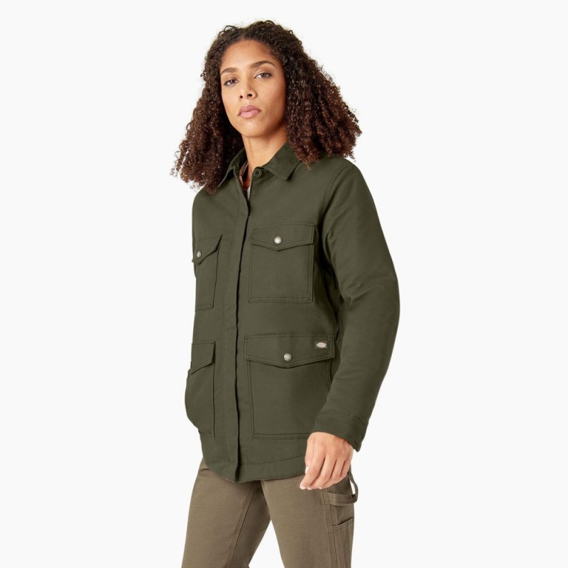 Green Women's Dickies Duck High Pile Fleece Lined Chore Coat Jacket | QNA174093