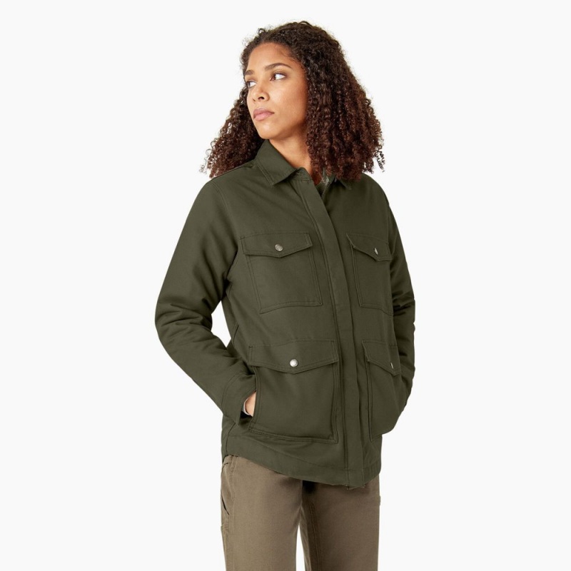 Green Women's Dickies Duck High Pile Fleece Lined Chore Coat Jacket | QNA174093