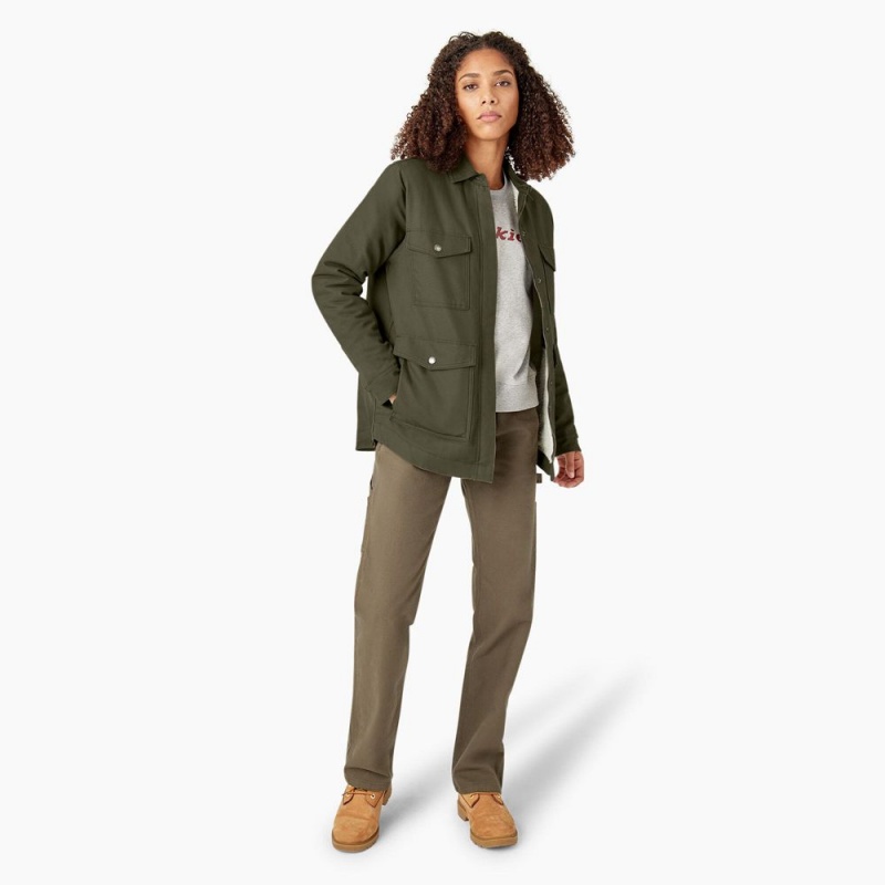 Green Women's Dickies Duck High Pile Fleece Lined Chore Coat Jacket | QNA174093