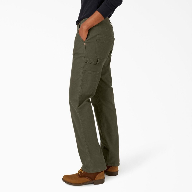 Green Women's Dickies FLEX Relaxed Straight Fit Duck Carpenter Pants | JQG348175