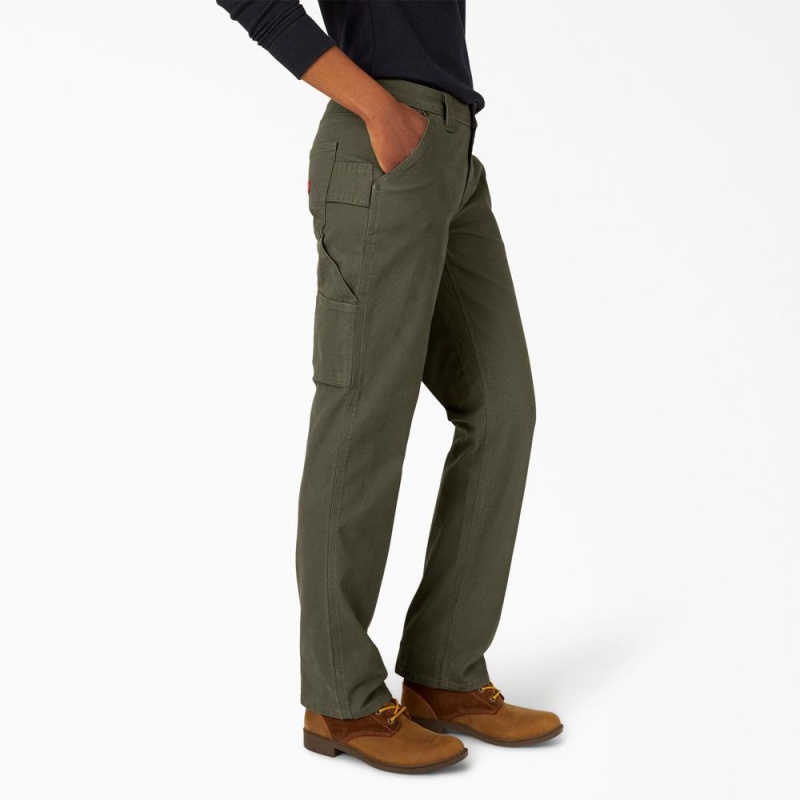 Green Women's Dickies FLEX Relaxed Straight Fit Duck Carpenter Pants | JQG348175