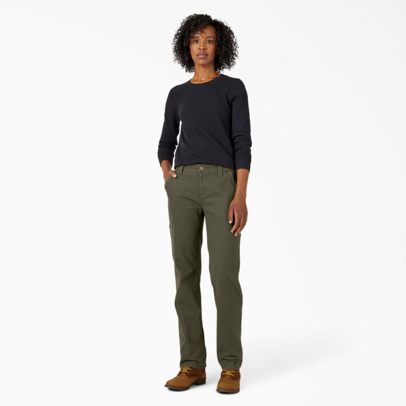 Green Women's Dickies FLEX Relaxed Straight Fit Duck Carpenter Pants | JQG348175