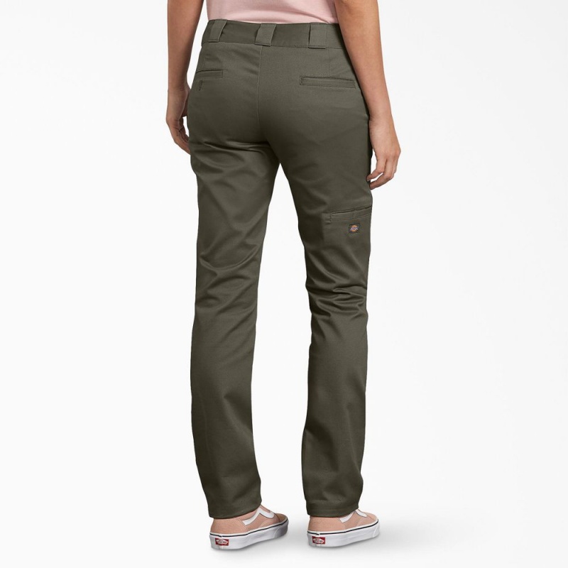 Green Women's Dickies FLEX Slim Fit Double Knee Pants | BWH293608