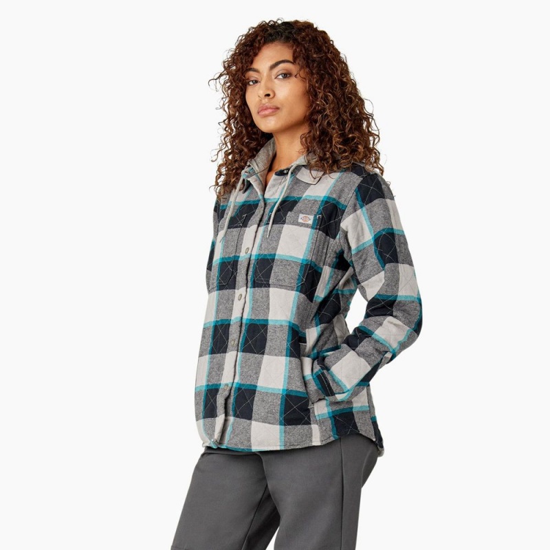 Green Women's Dickies Flannel Hooded Shirt Jacket | MSD632087