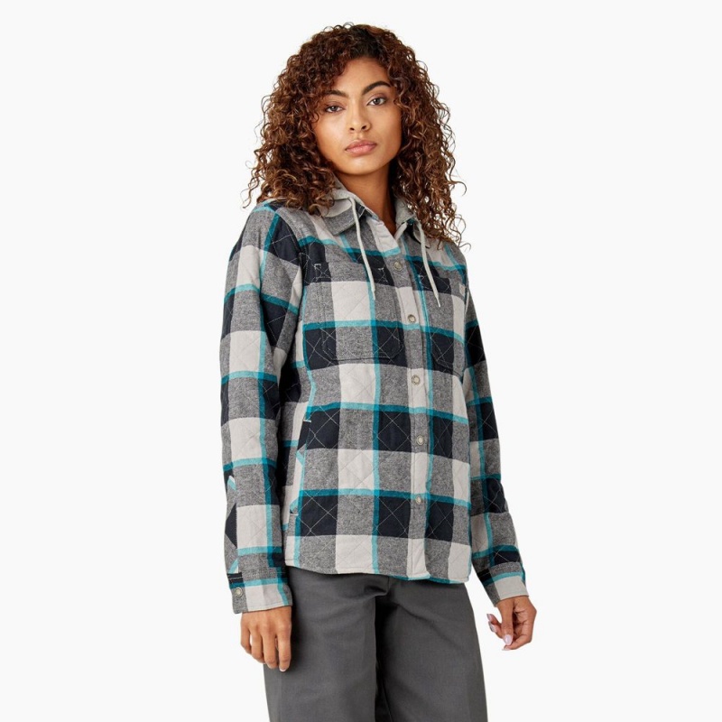 Green Women's Dickies Flannel Hooded Shirt Jacket | MSD632087