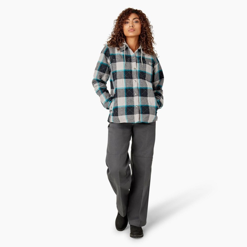 Green Women's Dickies Flannel Hooded Shirt Jacket | MSD632087