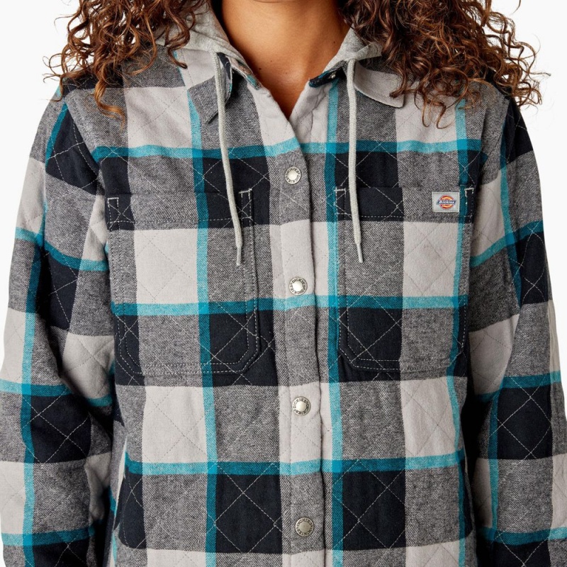 Green Women's Dickies Flannel Hooded Shirt Jacket | MSD632087