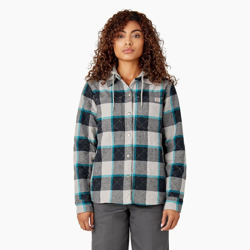 Green Women\'s Dickies Flannel Hooded Shirt Jacket | MSD632087