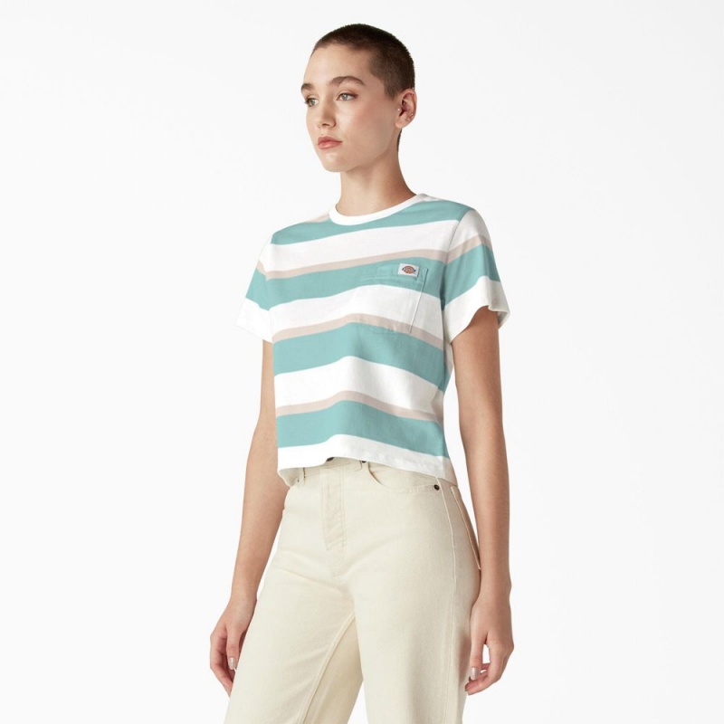 Green Women's Dickies Large Striped Cropped Pocket T-Shirt | VLI512304