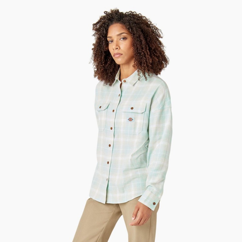 Green Women's Dickies Long Sleeve Flannel Shirt | FNV520863