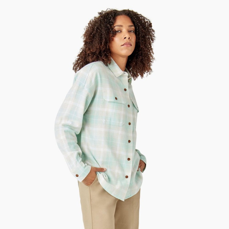 Green Women's Dickies Long Sleeve Flannel Shirt | FNV520863