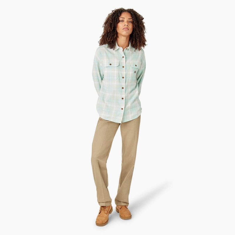 Green Women's Dickies Long Sleeve Flannel Shirt | FNV520863