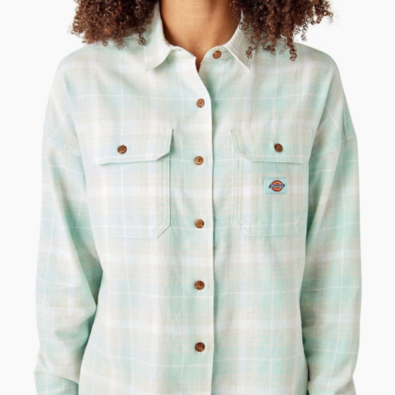 Green Women's Dickies Long Sleeve Flannel Shirt | FNV520863