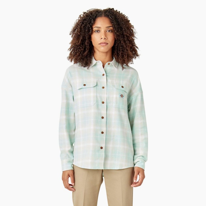 Green Women\'s Dickies Long Sleeve Flannel Shirt | FNV520863