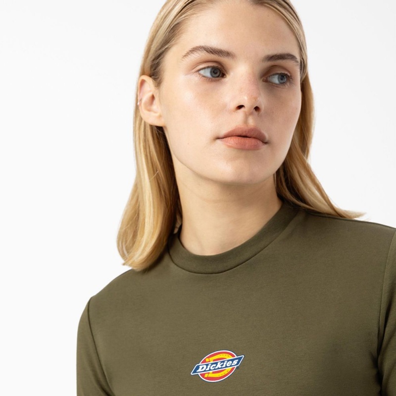 Green Women's Dickies Maple Valley Logo Long Sleeve Cropped T-Shirt | IRK273849