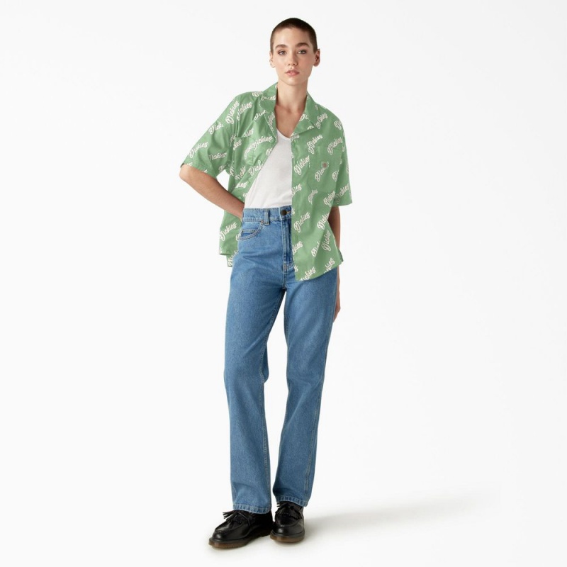 Green Women's Dickies Mayetta Logo Print Shirt | SON427365