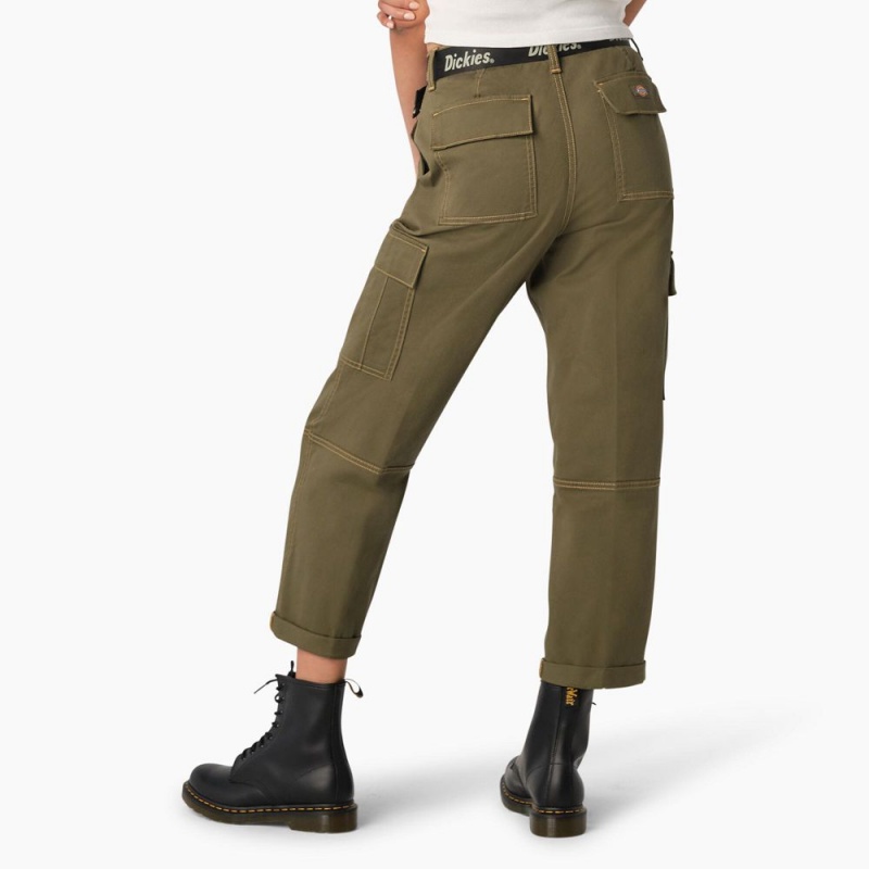 Green Women's Dickies Relaxed Fit Contrast Stitch Cropped Cargo Pants | JML461532