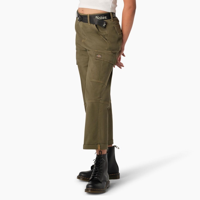 Green Women's Dickies Relaxed Fit Contrast Stitch Cropped Cargo Pants | JML461532