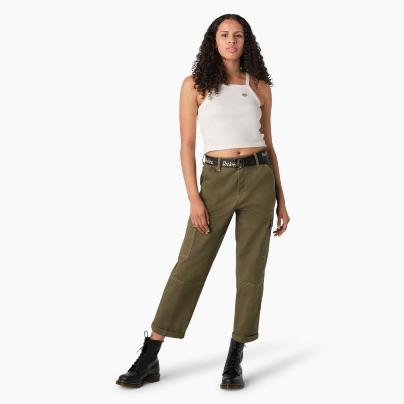 Green Women's Dickies Relaxed Fit Contrast Stitch Cropped Cargo Pants | JML461532