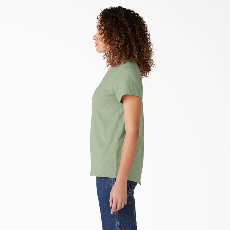 Green Women's Dickies Short Sleeve V-Neck T-Shirt | ZYX143829