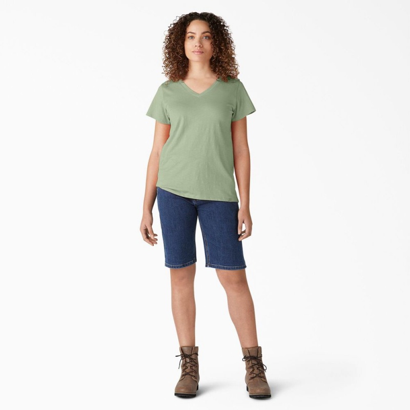 Green Women's Dickies Short Sleeve V-Neck T-Shirt | ZYX143829