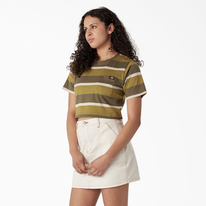 Green Women's Dickies Striped Cropped Pocket T-Shirt | RYU580761