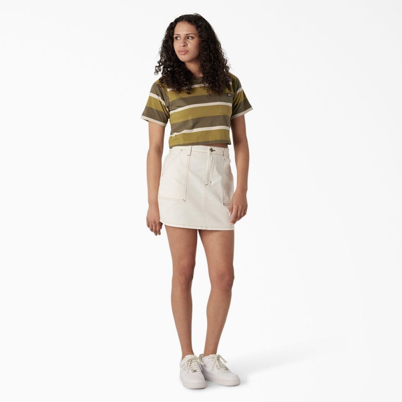 Green Women's Dickies Striped Cropped Pocket T-Shirt | RYU580761