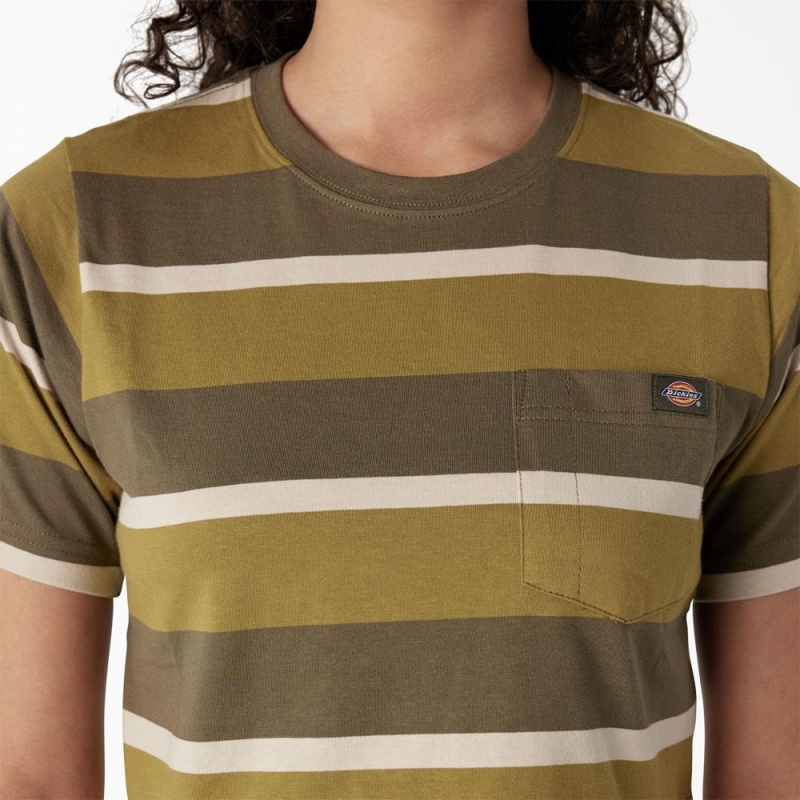 Green Women's Dickies Striped Cropped Pocket T-Shirt | RYU580761