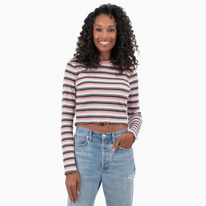 Green Women\'s Dickies Striped Long Sleeve Cropped T-Shirt | ZMT287943