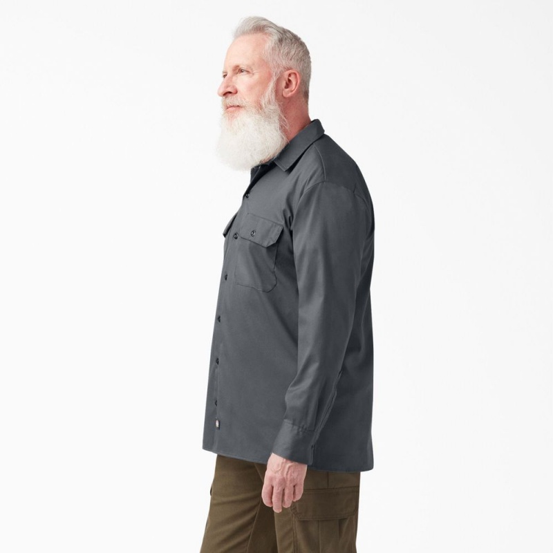 Grey Men's Dickies FLEX Relaxed Fit Long Sleeve Work Shirts | JHZ513607