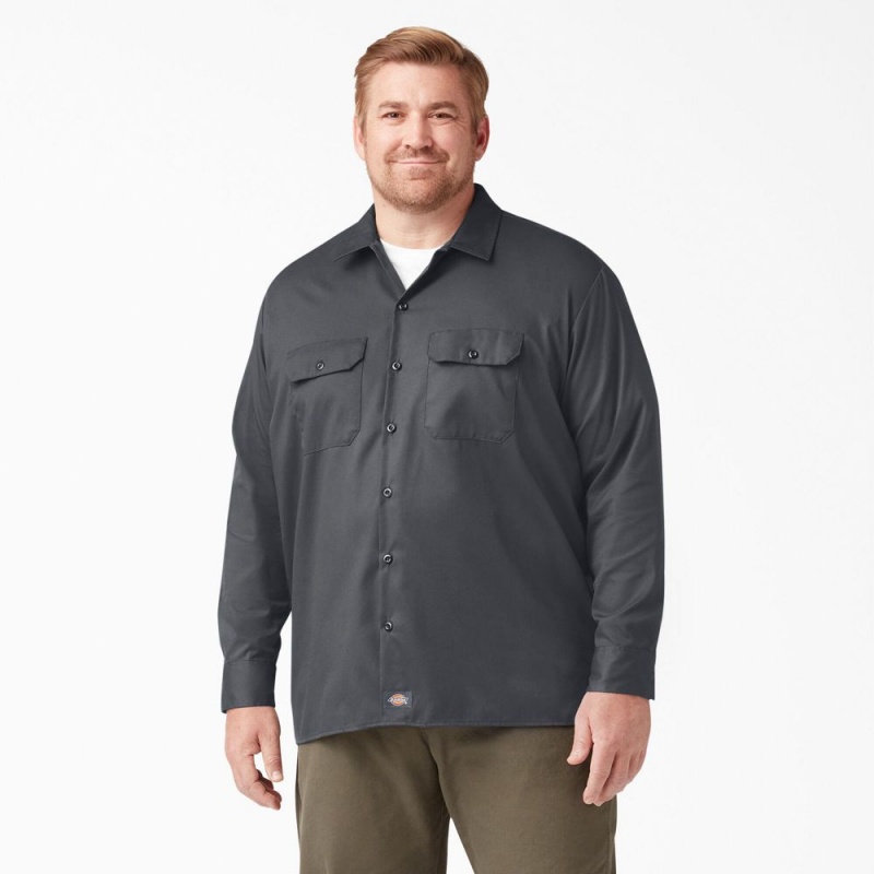 Grey Men's Dickies FLEX Relaxed Fit Long Sleeve Work Shirts | JHZ513607