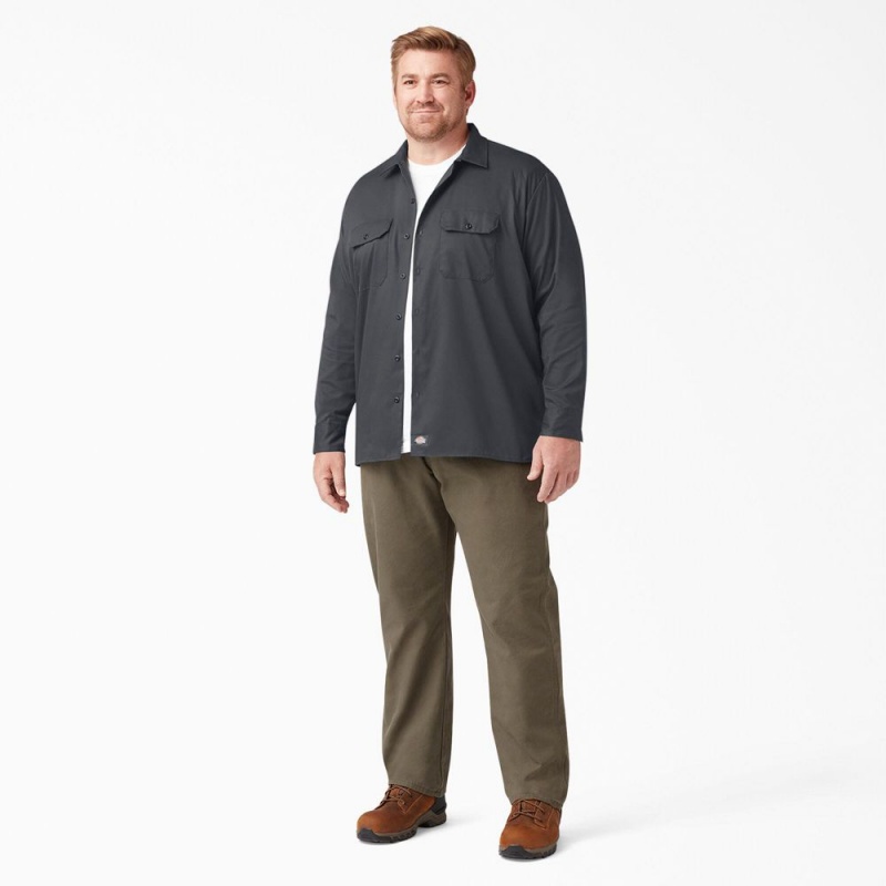 Grey Men's Dickies FLEX Relaxed Fit Long Sleeve Work Shirts | JHZ513607