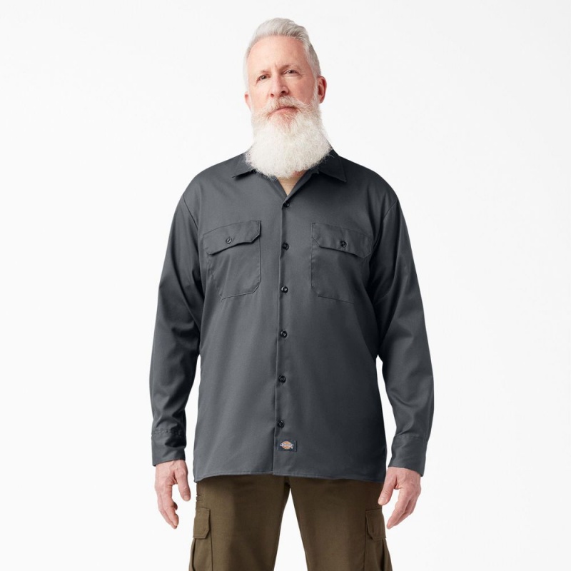 Grey Men\'s Dickies FLEX Relaxed Fit Long Sleeve Work Shirts | JHZ513607