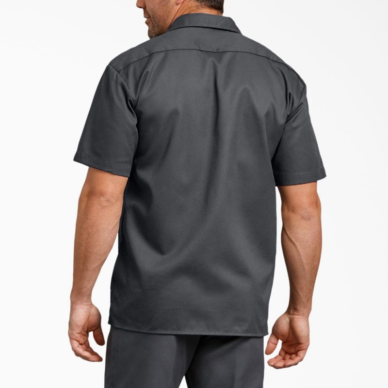 Grey Men's Dickies FLEX Relaxed Fit Short Sleeve Work Shirts | MEQ257138