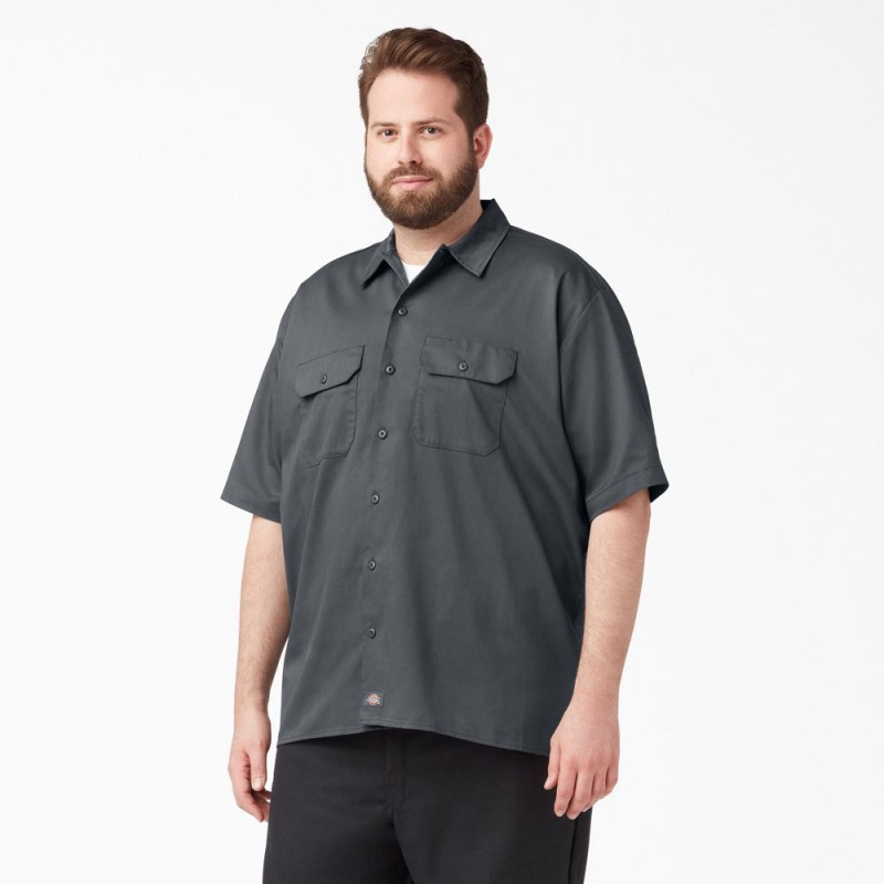 Grey Men's Dickies FLEX Relaxed Fit Short Sleeve Work Shirts | MEQ257138