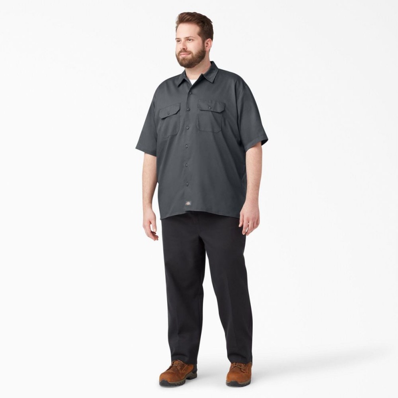 Grey Men's Dickies FLEX Relaxed Fit Short Sleeve Work Shirts | MEQ257138