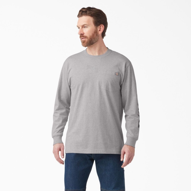 Grey Men\'s Dickies Logo Graphic Long Sleeve Pocket T-Shirt | WKO410697