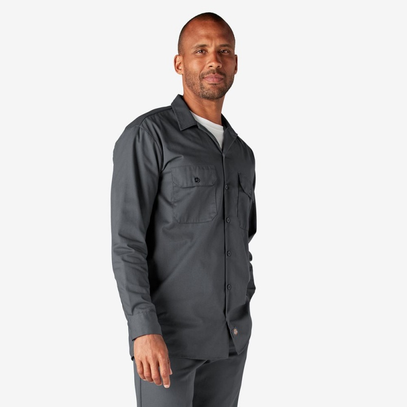 Grey Men's Dickies Long Sleeve Work Shirts | UCB610453