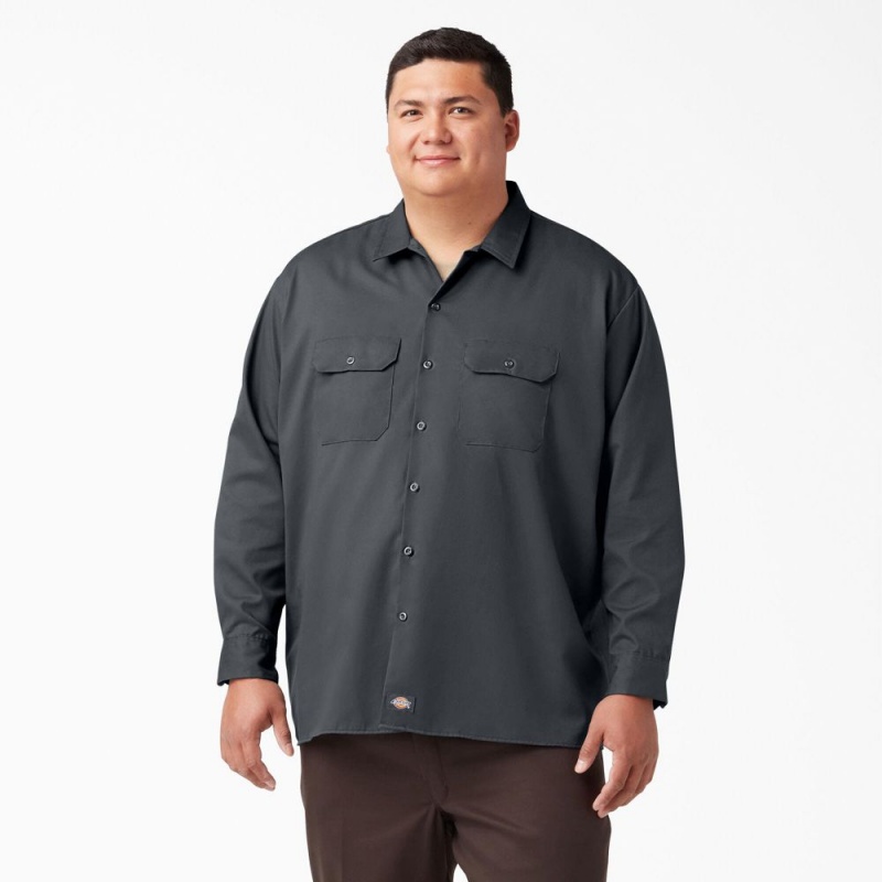 Grey Men's Dickies Long Sleeve Work Shirts | UCB610453