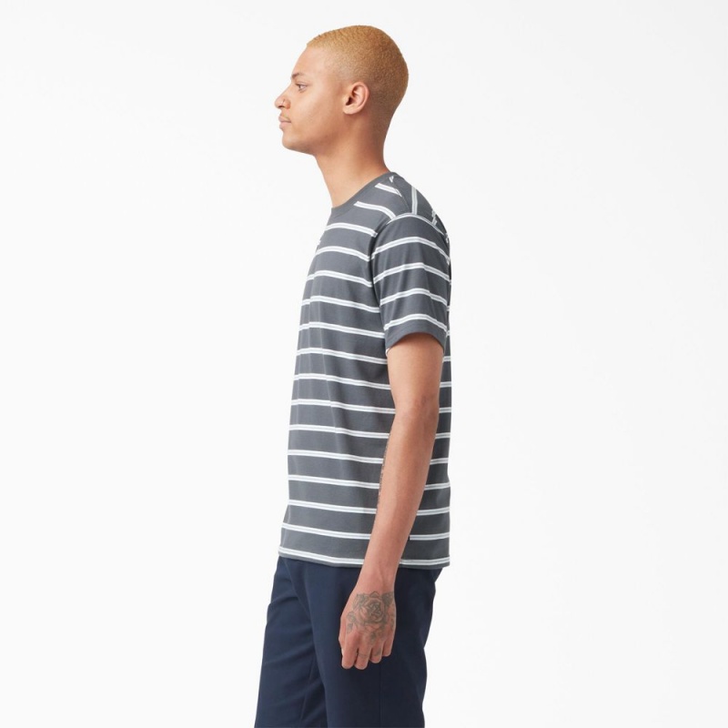 Grey Men's Dickies Skateboarding Striped T-Shirt | VBP048519