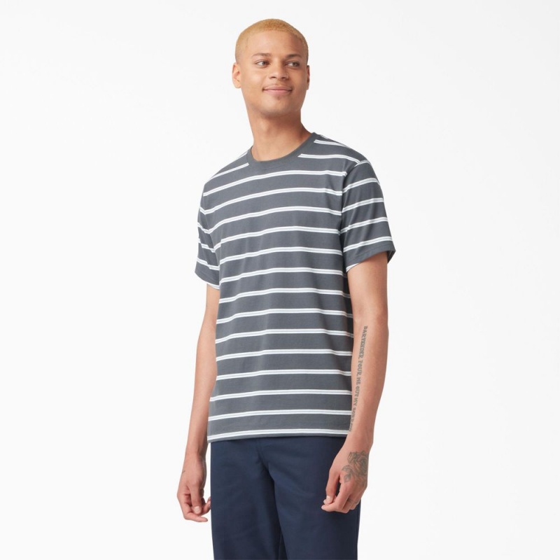 Grey Men\'s Dickies Skateboarding Striped T-Shirt | VBP048519