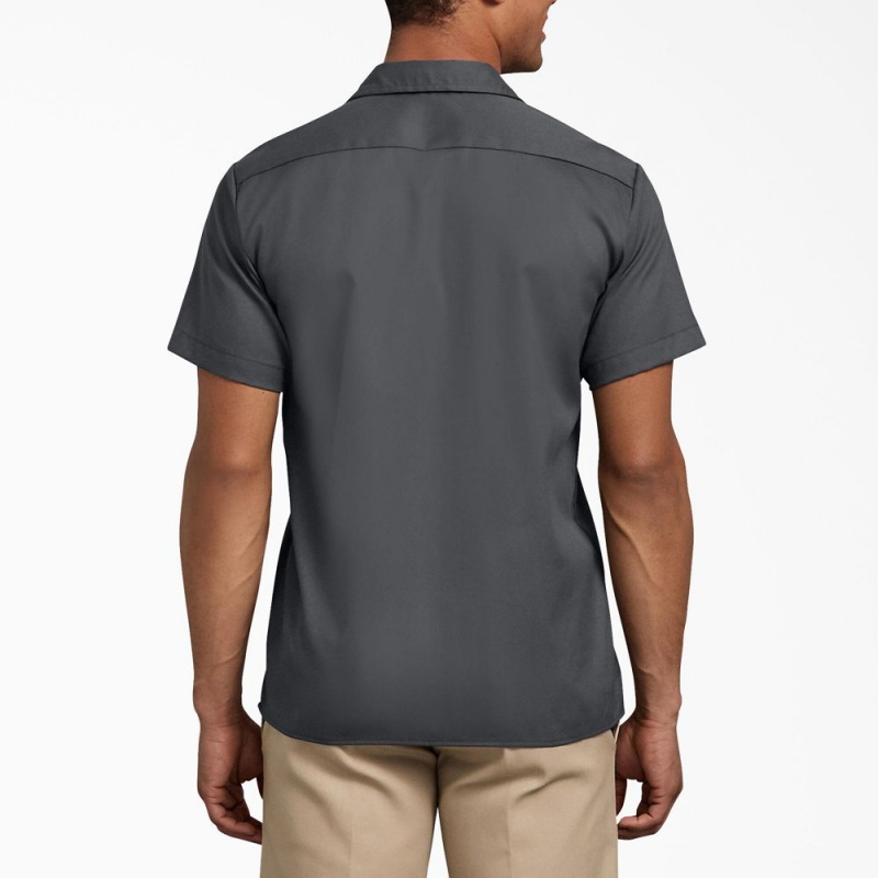 Grey Men's Dickies Slim Fit Short Sleeve Work Shirts | DWO410283