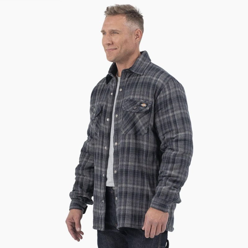 Grey Men's Dickies Water Repellent Fleece-Lined Flannel Shirt Jacket | YUM783019