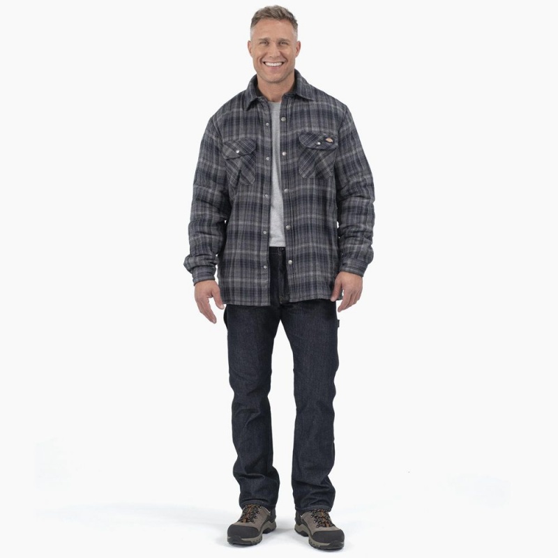 Grey Men's Dickies Water Repellent Fleece-Lined Flannel Shirt Jacket | YUM783019